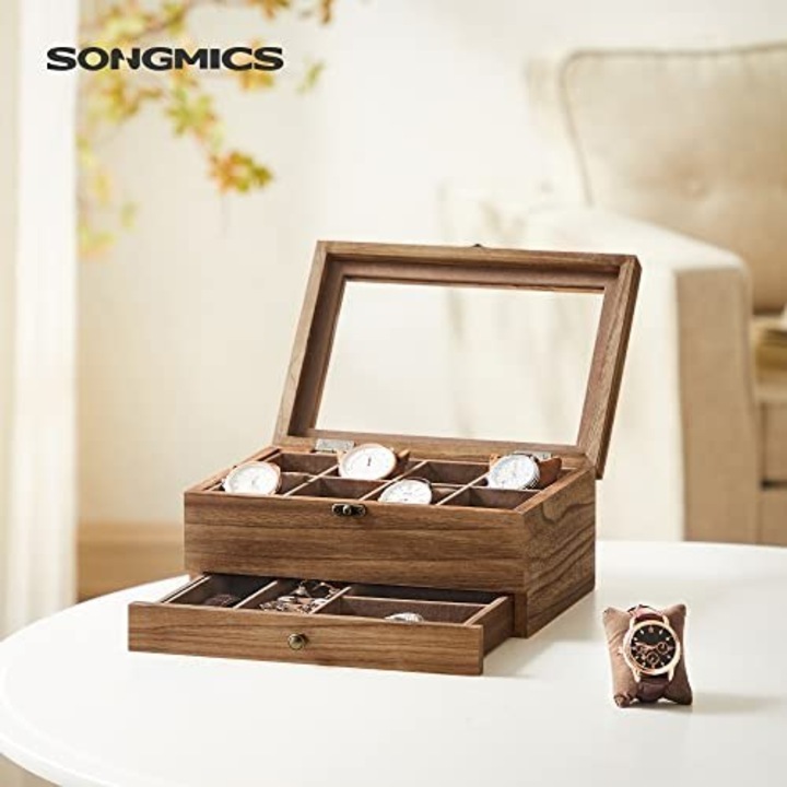 SONGMICS Cutie de ceasuri din lemn masiv, 8 compartimente si sertar bijuterii, 19x27x13cm, nuc rustic+