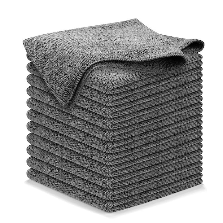 Set 12 lavete microfibra ultra-absorbante, gri, 32x32cm, 300 GSM, ecologice, reutilizabile