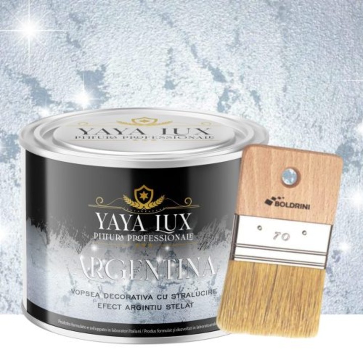 Set Vopsea decorativa de Lux, Argentina, cu Efect 3D Stelat, Argintiu, 0.5 Litri si Pensula 70 mm, YaYa Color