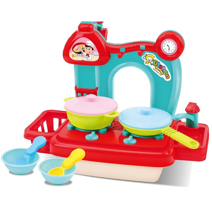 Játszókészlet, Mini konyha edényekkel - Tűzhely serpenyőkkel és evőeszközökkel, 18x9x15cm, 3+ év, Többszínű