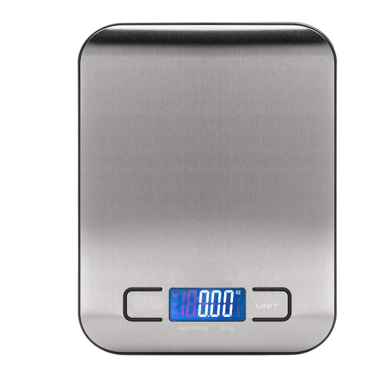 Cantar electronic de bucatarie, Caltucus Core®， inox, capacitate 5kg, iluminare fundal, baterii, argintiu