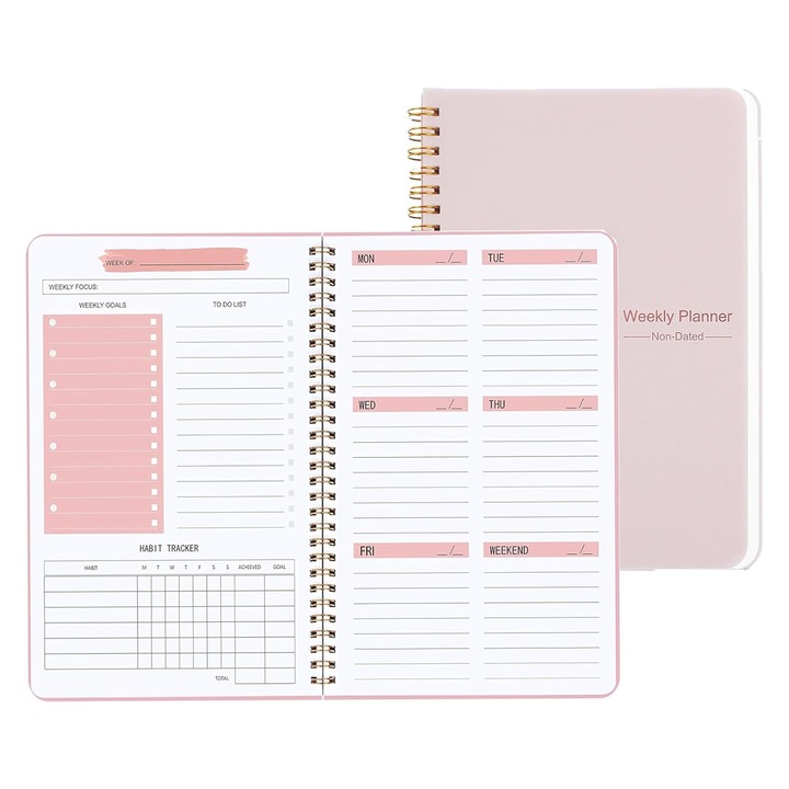 Agenda planificator, NUODWELL, Program clar zilnic si saptamanal, Hartie de inalta calitate, usor de scris, Durabil si robust, Perfect de transportat, Dimensiune A5, Pentru serviciu, acasa, scoala si calatorii, PP, 21x14.5cm, Roz