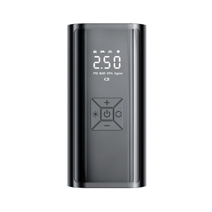 Pompa de umflat portabila, multifunctionala, cu display digital, presiune presetata, iluminare si incarcare, negru, ABS