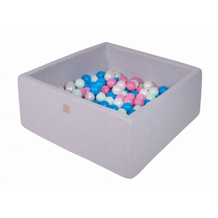 Piscina cu bile MeowBaby, Bumbac, 90x90x40cm, Gri Deschis, Set 300 bile multicolor, 1 an