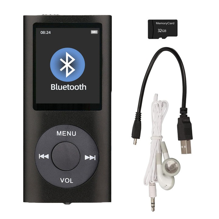 MP3/MP4 lejátszó Bluetooth 5.0-val, ASKSA, USB-kábellel és fejhallgatóval, 32G kártya, LCD képernyő 1, 8", fekete