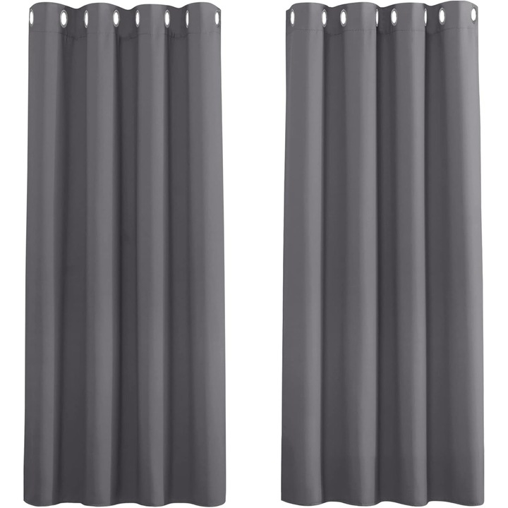 Set 2 Perdele Pony Dance, 140 x 180 cm, Gri, Opace, Blackout, Termoizolante, cu Inele Metalice