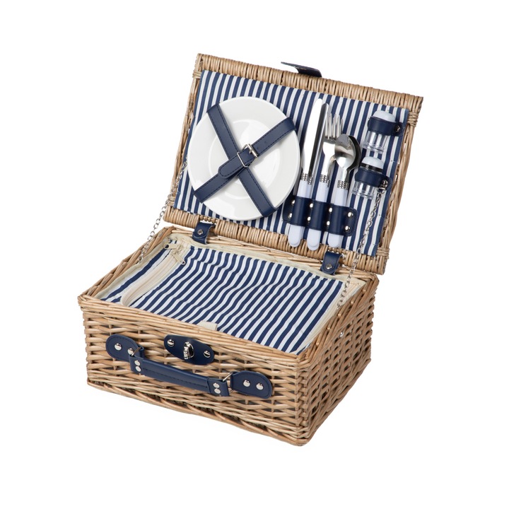 Cos de picnic LORENZO pentru 2 persoane in dungi albastru marin 32x26x16 cm HOMLA