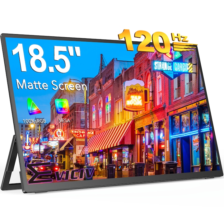 Hordozható monitor EVICIV M185E04, 18,5 hüvelykes, 2K IPS, 120 Hz, 100% sRGB, VESA, fekete