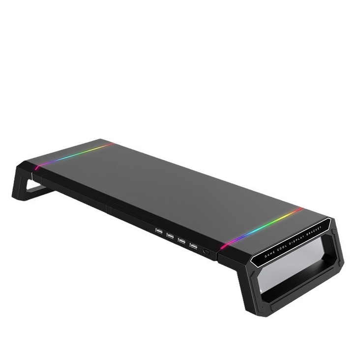 Ергономична маса за лаптоп с RGB светлини за игри и USB 3.0 хъб, стойка за екран с място за съхранение, ергономична маса за монитор със стойка за телефон, черна