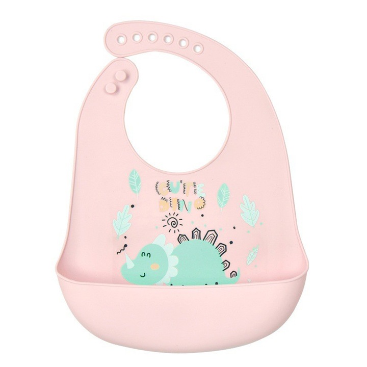 Bavetica din silicon pentru diversificare cu buzunar Mixbo, dinozaur, Roz