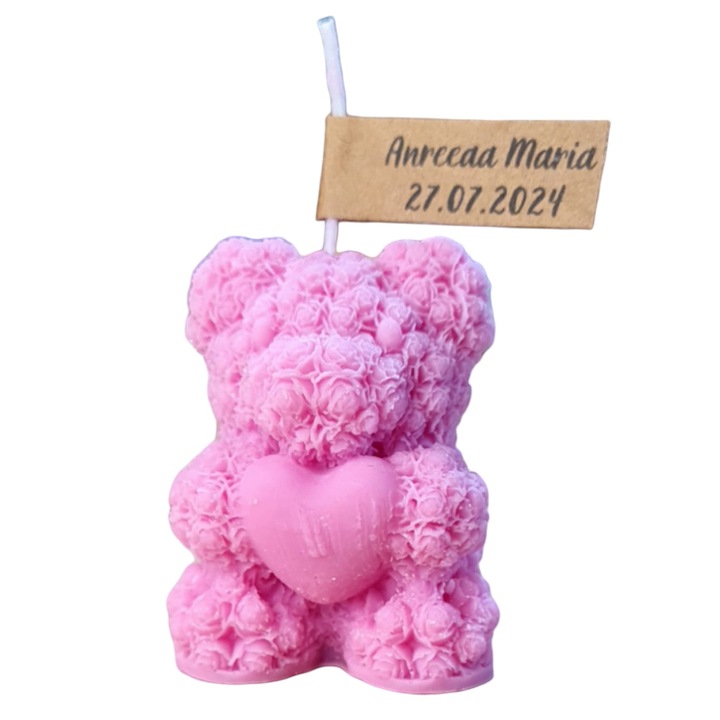 Marturie Botez fetita, lumanare ceara naturala soia, Ursulet trandafiri, roz