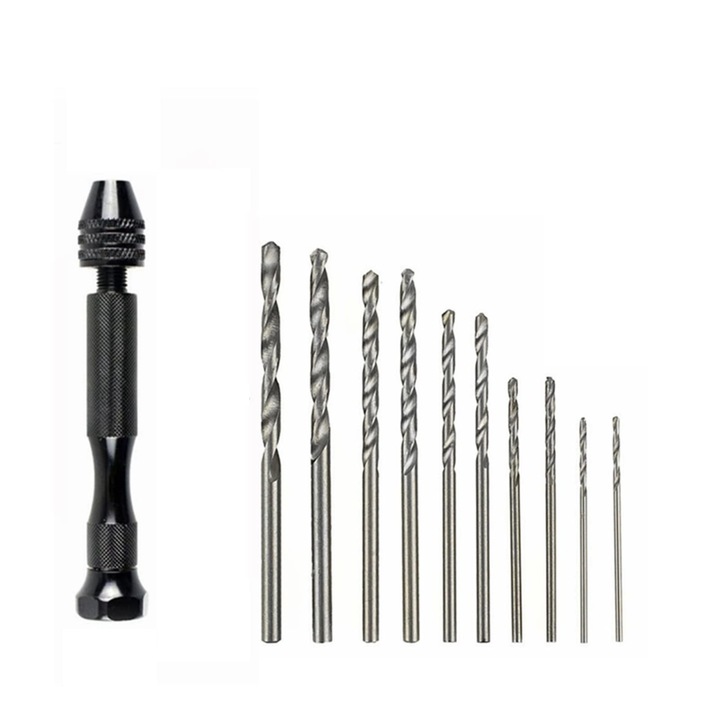 Surubelnita cu mandrina, JENUOS®, cu 10 Spirale Burghie 0.6 - 2mm, Otel, Negru/Argintiu