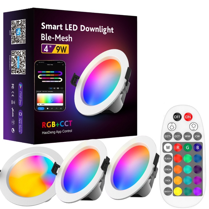 Set 5 spoturi LED RGB 72DESI, 5x9W, 5x700lm, control prin telecomanda si aplicatie mobila, WIFI si Bluetooth, cotrol vocal Alexa si Asistent Google, intensitate lumina ajustabila alba rece/calda si colorata, clasa energetica F
