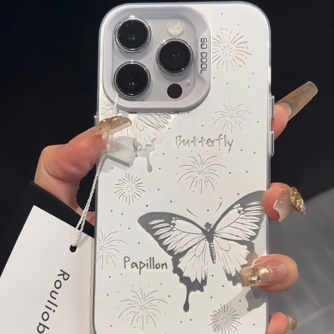 Husa protectie telefon fluturi, TPU, Rezistenta la socuri, Pentru iPhone 16 Pro Max, Alb