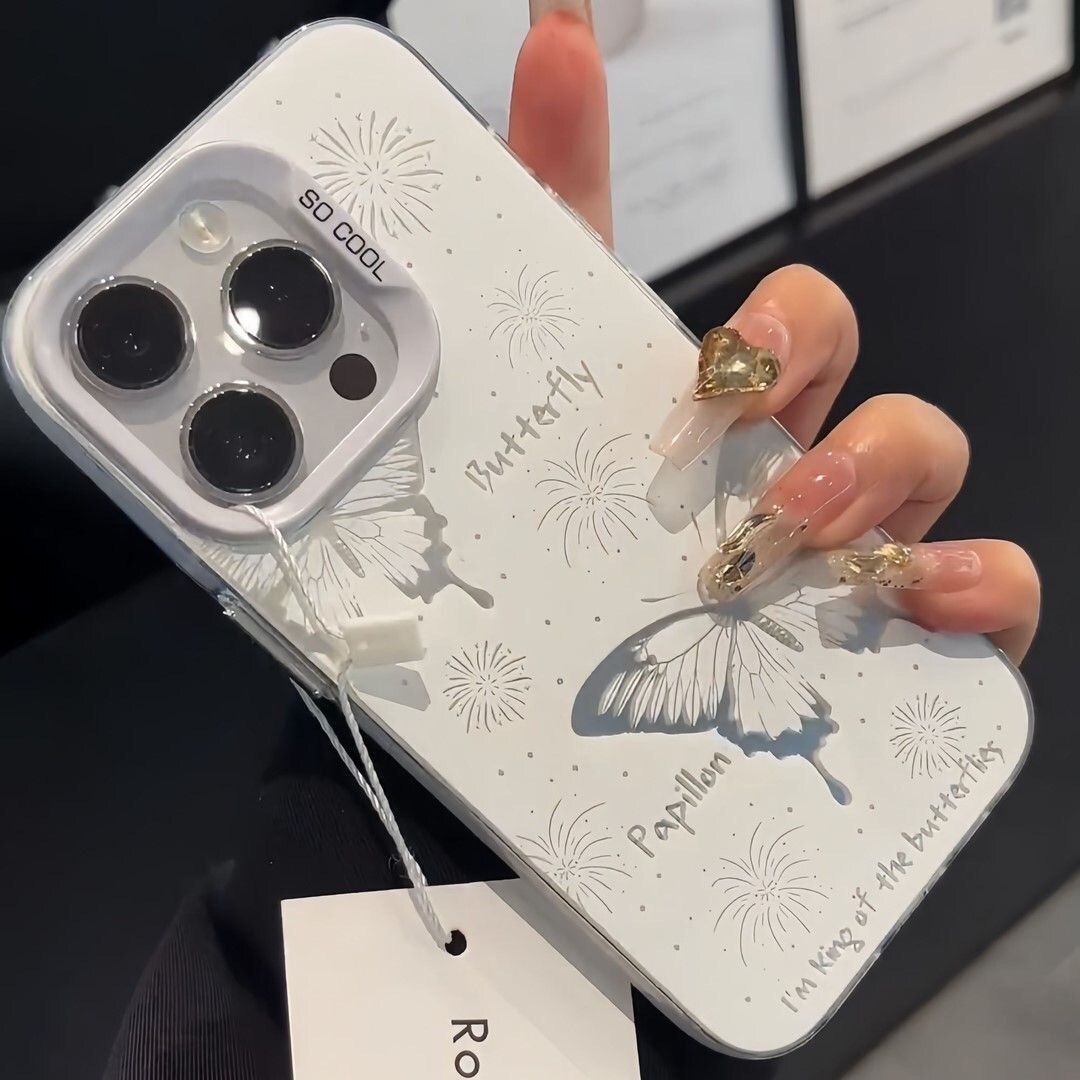 Husa protectie telefon fluturi, TPU, Rezistenta la socuri, Pentru iPhone 16 Pro Max, Alb