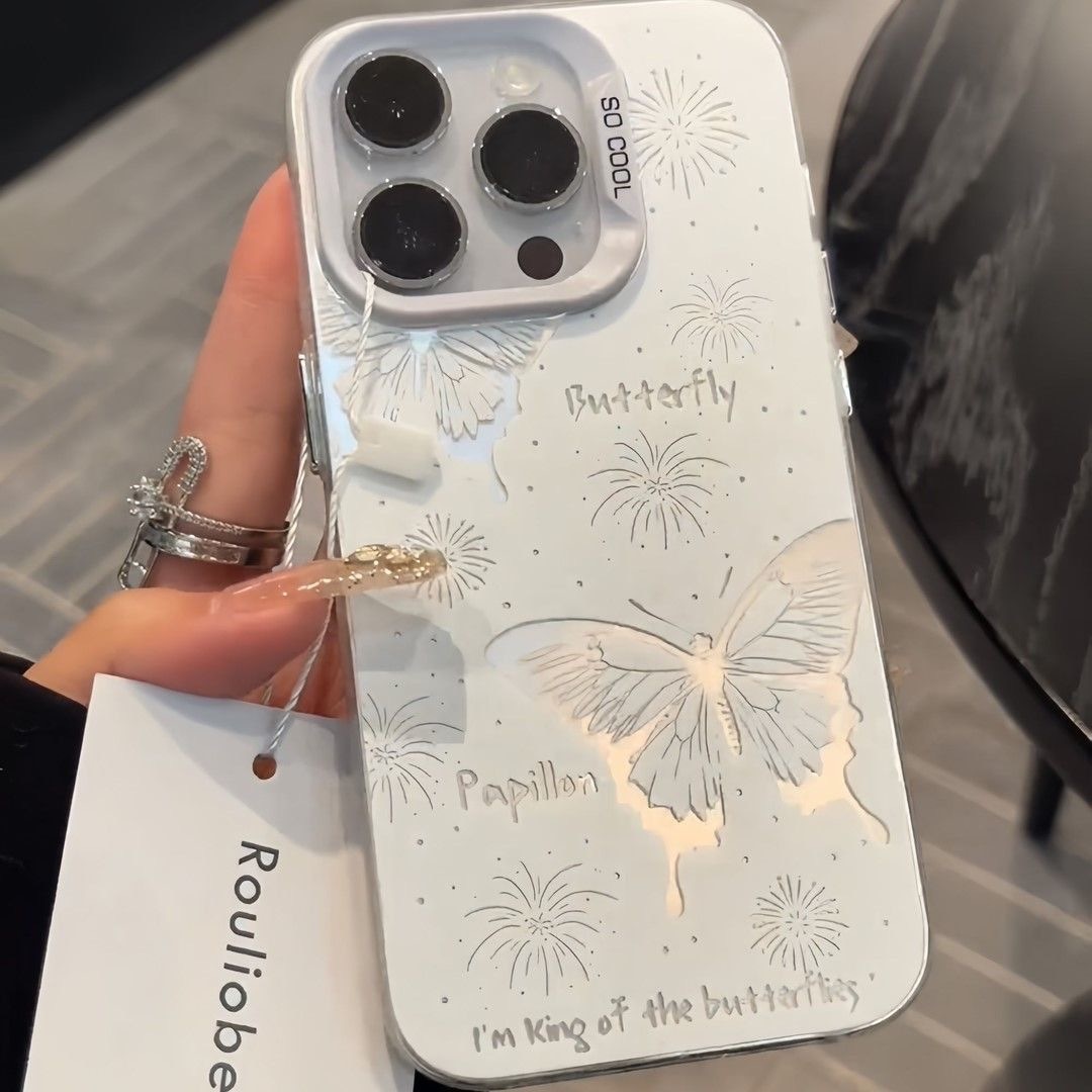 Husa protectie telefon fluturi, TPU, Rezistenta la socuri, Pentru iPhone 16 Pro Max, Alb