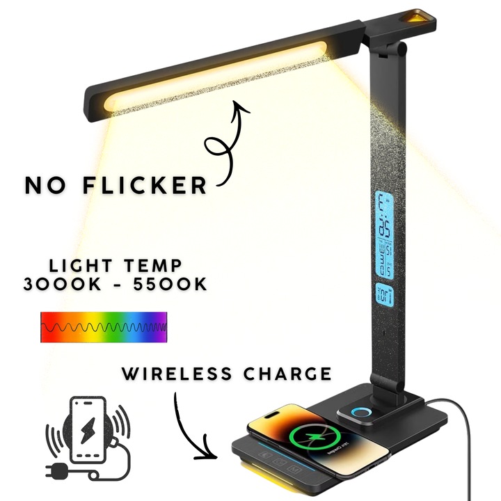 Lampa De Birou LED Huerler® Business Pro, Protectie Ochi, Ceas, Termometru, 5 Temperaturi De Culoare 3000k-6000k, Pliabila, No Flicker, Lumina Veghe, Incarcare Wireless Telefon, Negru