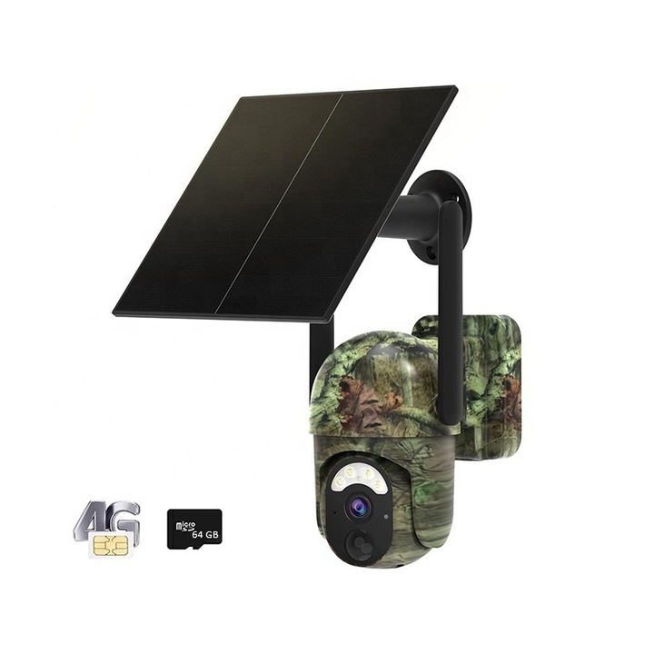 Камера за наблюдение със соларен панел за лов C Tech, 4G SIM, 2K HD, въртяща се на 360°, двупосочен микрофон, сигнали в приложението, устойчивост на дъжд и вятър, детекция на движение, 5W панел, 10400mAh батерия + 64GB SD карта в комплекта