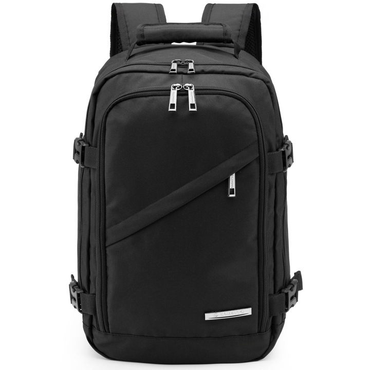 Utazó hátizsák, Fekete, Zagatto, 40x20x25 cm, 20L, Ryanairrel kompatibilis, Wizz Air, Trollerhez rögzíthető, Vízálló, Kompressziós pántok, Bőröndként nyílik, ZG895