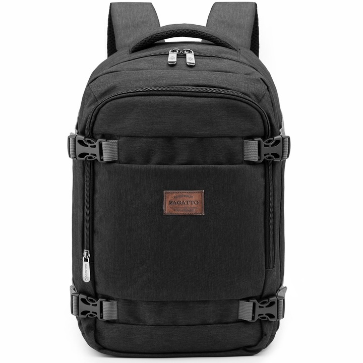 Utazó hátizsák, Fekete, Zagatto, 40x20x25 cm, 20L, Ryanairrel kompatibilis, Wizz Air, Trollerhez rögzíthető, Vízálló, Kompressziós hevederek, Bőröndként nyílik, Légáteresztő pántok, hálóból és szivacsból, ZG897