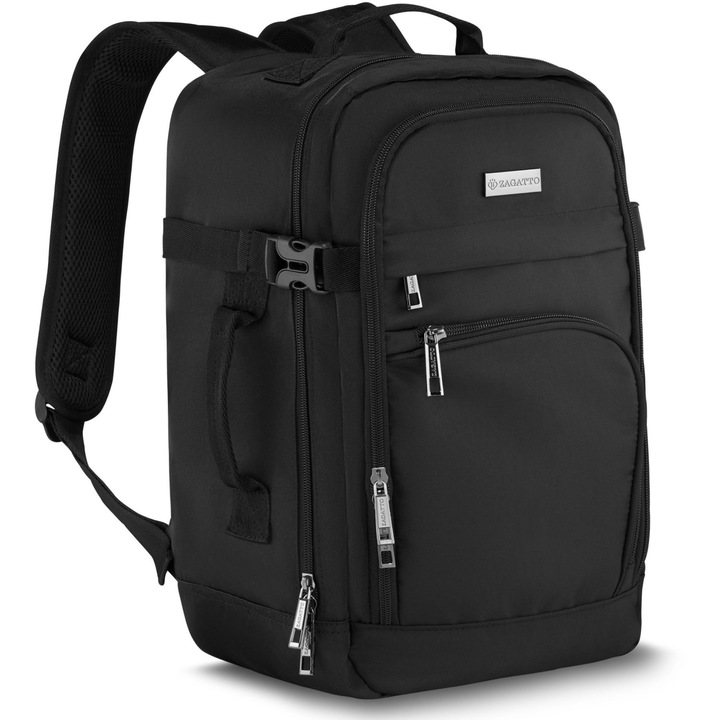 Rucsac de voiaj, Negru, Zagatto,40x20x25 cm, 20L, Compatibil Ryanair, Wizz Air, Atasabil la troler, Impermeabil, Maner lateral, Curele compresie, Se deschide ca o valiza, Bretele respirabile, realizate din plasa si burete, ZG910