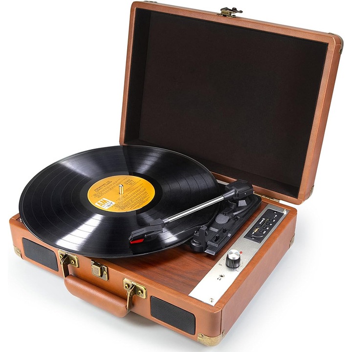 Грамофон Retro PMIXO TT-10BN, Bluetooth, USB, Aux, безжично зареждане, LED екран, автономност 15 часа, кафяв, 16x10x10.5cm