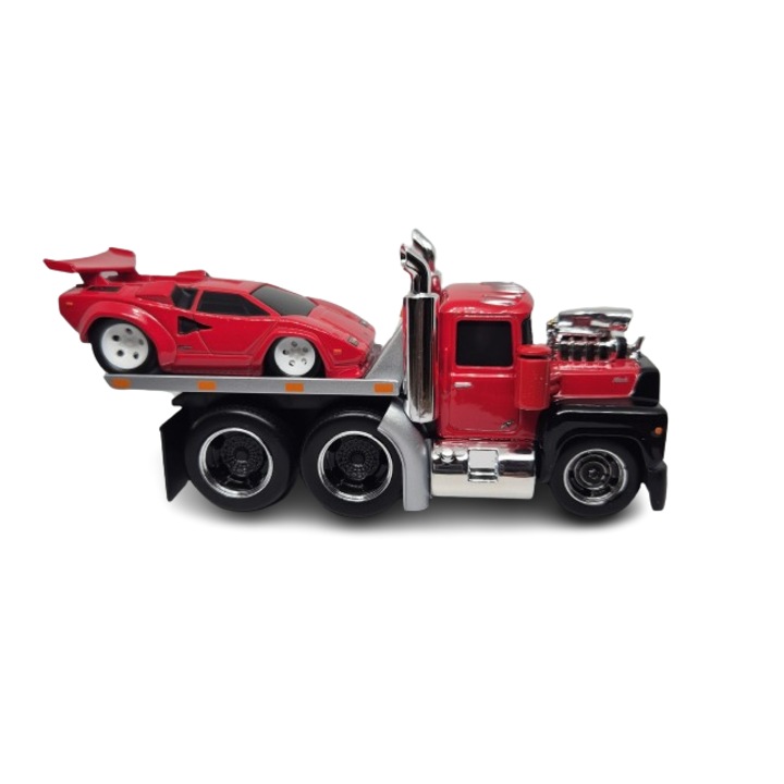 Комплект от 2 модела, Mack R685ST Flatbed с Lamborghini Countach, червен, Maisto 1/64