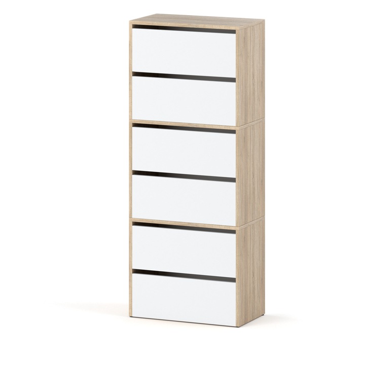 Dulap pentru pantofi, MRBLS_HOME, PAL, 6 Rafturi, Design modular, Alb / Stejar Sonoma