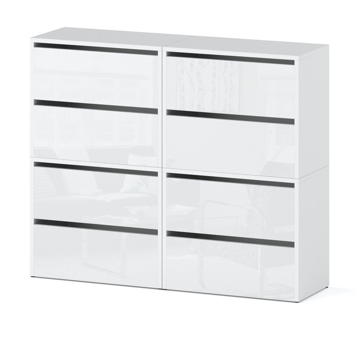 Шкаф за обувки, Stiv-Meble, HIT, 4SNBH_BMBP, 120x38x100 cm, 8 отделения, Ламинирано, ПДЧ, Бяло/Бял гланц