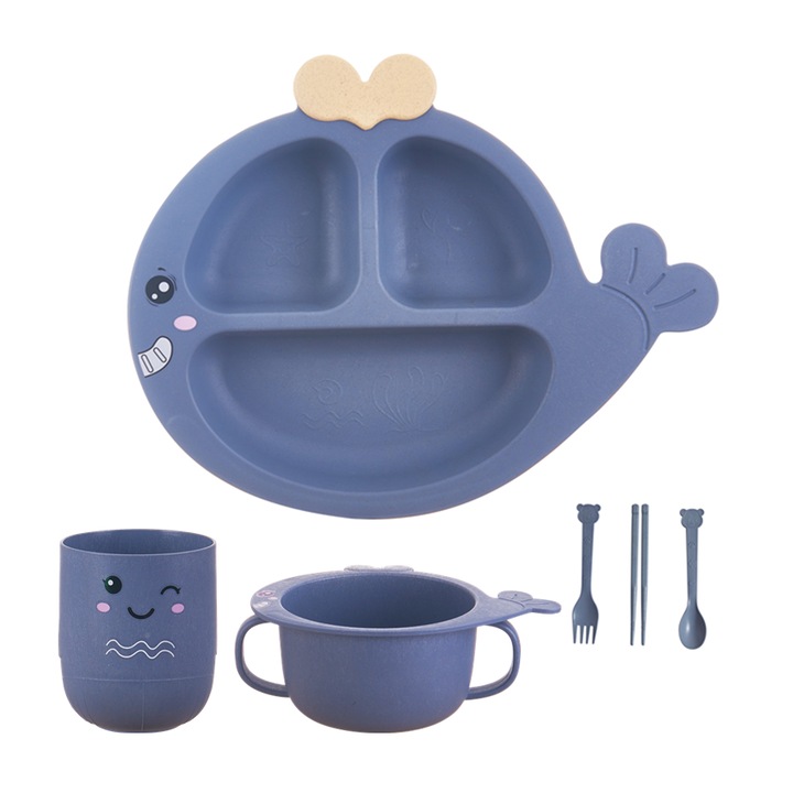 Set vesela pentru copii Chi Chi, ecologic, 7 piese, biodegradabil, material paie, albastru