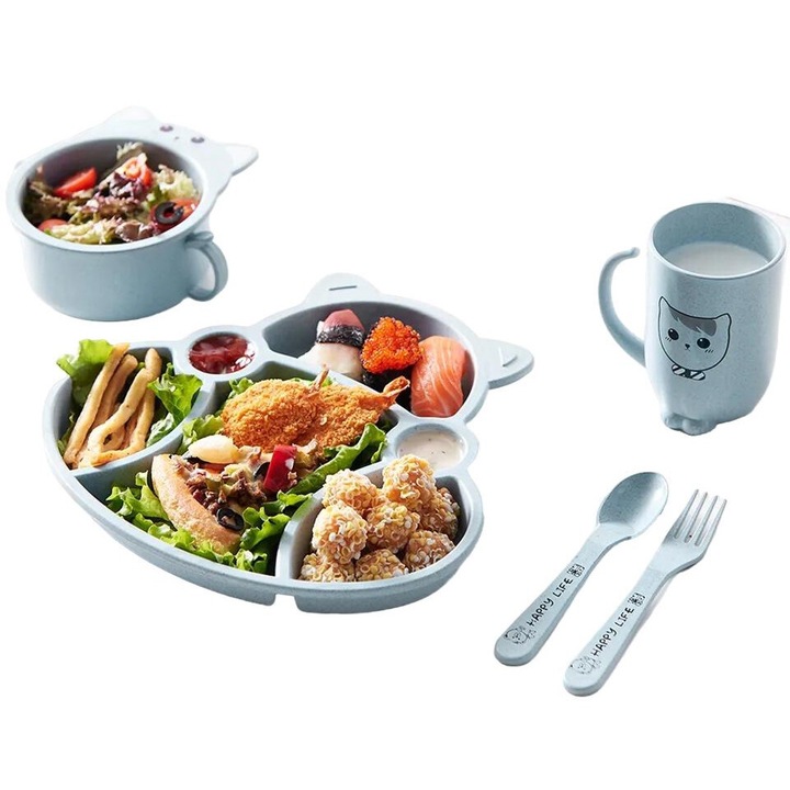 Set vesela si tacamuri pentru copii, Chi Chi, Fibre de grau, 5 piese, Albastru