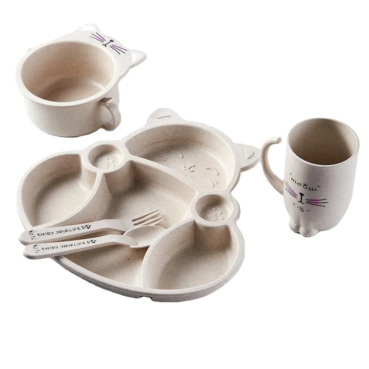 Set vesela pentru copii, Chi Chi, Paie de grau, Ecologic, Biodegradabil, Model Pisicuta, Bej