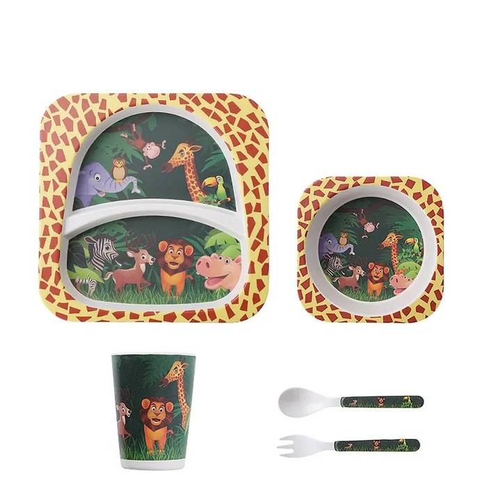 Set 5 piese hranire bebelusi, Chi Chi, bambus, multicolor