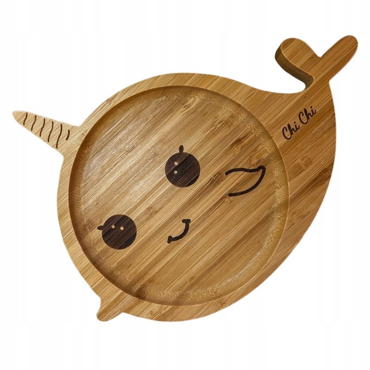 Farfurie din bambus Chi Chi, balena cu ventuza roz, maro, model balena