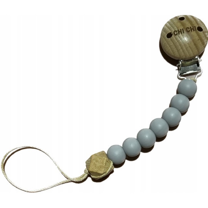 Suzeta cu accesoriu, Chi Chi, lemn si silicon de inalta calitate, gri, 20cm