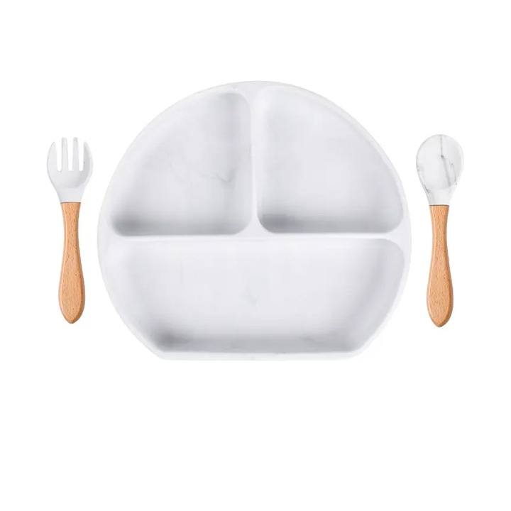 Set farfurie si tacamuri pentru bebelusi Chi Chi, silicon, cu ventuza, marmur, ecologic