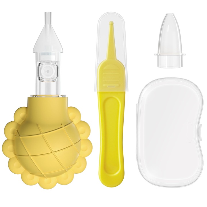 Aspirator nazal, eliberarea cailor respiratorii, cu varfuri din silicon si cleste, material fin si moale, galben, set de calatorie