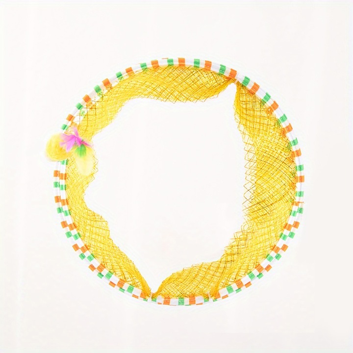 Jucarie pentru caini si pisici, tunel pliabil, cu clopotel si pene, 65x25cm, galben