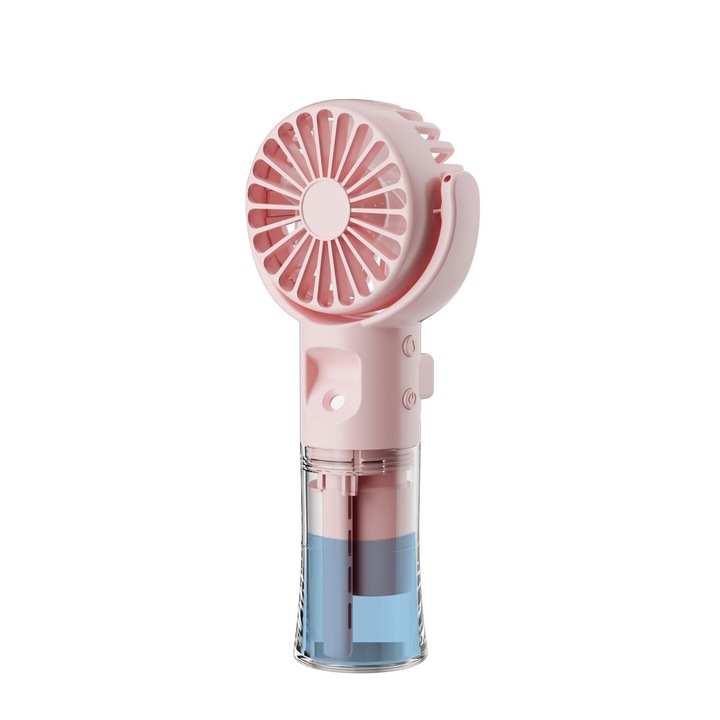 Ventilator portabil 2 in 1 cu umidificator, reincarcabil, 4 viteze silentios, rotativ 360, roz, 50ml