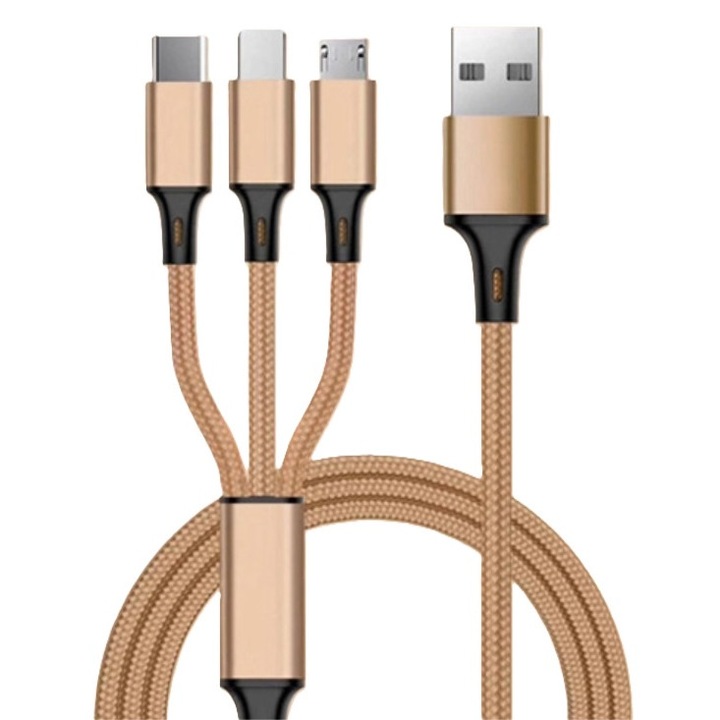 Кабел за бързо зареждане 3 в 1, 1.2м, найлон, златист