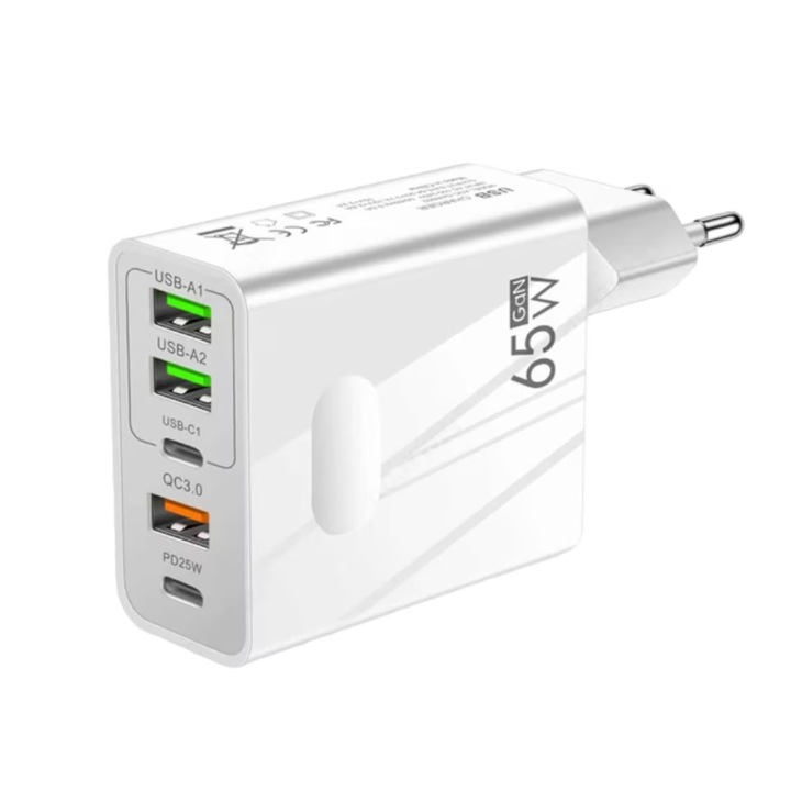 Incarcator rapid 65W GaN, 5 porturi USB-C, pliabil, alb