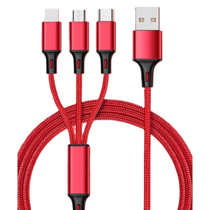 Cablu de incarcare rapida 3 in 1, nylon impletit, 1.2m, rosu