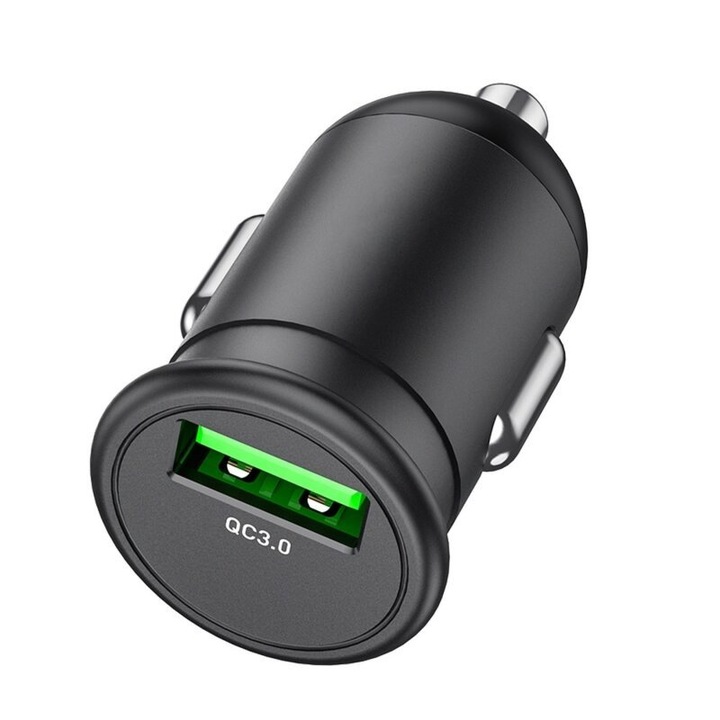Incarcator auto, 1xUSB A, QC 3.0, Mighty, 18W, 3A, ABS, Negru