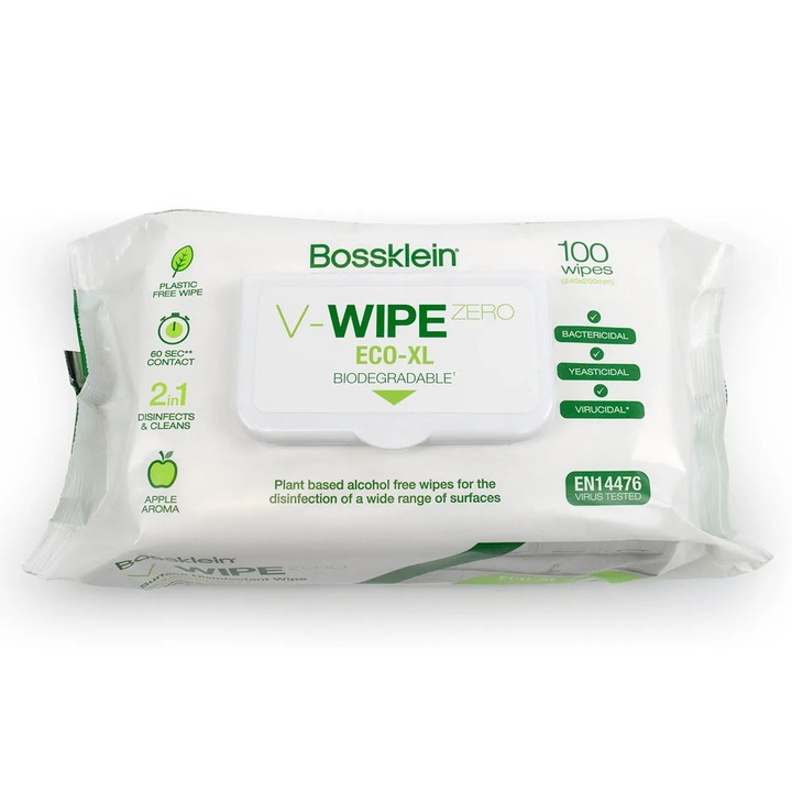Servetele dezinfectante pentru suprafete, V-WIPE ZERO ECO, fara alcool, biodegradabile, 100 buc