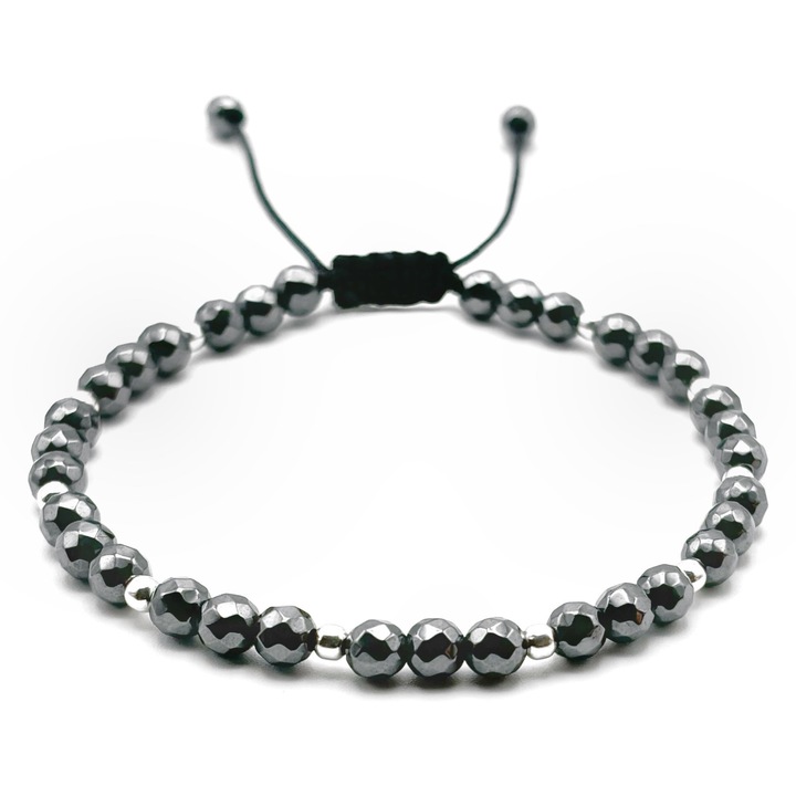 Bratara cu bile din Argint 925 si pietre semipretioase Hematit, snur reglabil