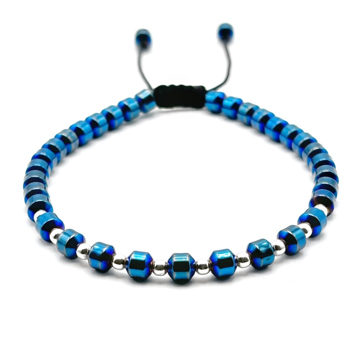 Bratara cu bile din Argint 925 si pietre semipretioase Hematit albastru, snur reglabil