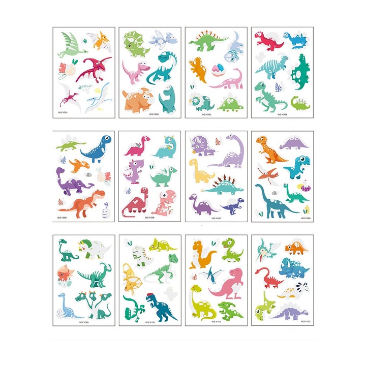 Tatuaje Color Temporare, BOMSTOM, Set 12Carduri, Model de dinozaur, Fosforescente pentru Copii, Material Premium, sigur si non-toxic, usor de indepartat, multicolor