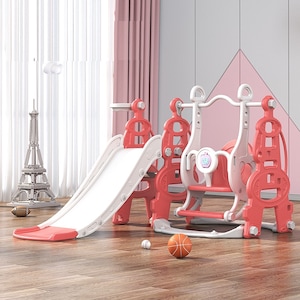 Spatiu de joaca pentru copii Nichiduta Garden Tower Red interior/exterior 3in1 cu tobogan, leagan cu bara de protectie detasabila, jucarie muzicala, cos de baschet si mingie inclusa