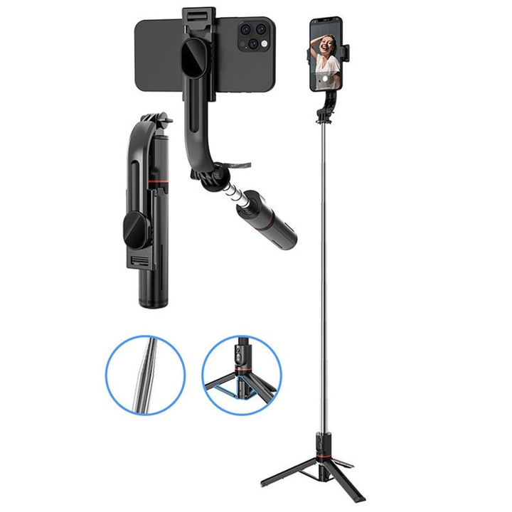 Selfie stick Bluetooth pentru telefon, telecomanda, 113cm lungime, extensibil, L13, 5.9x3.8x21cm pliat, PC si otel, Negru