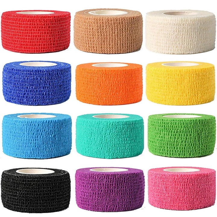 Set 12 Role Banda Kinesiologica Autoadeziva Rqiurpn, Elastica, Reutilizabila, Usor de rupt, Multicolor, 2.5cmx4.5m